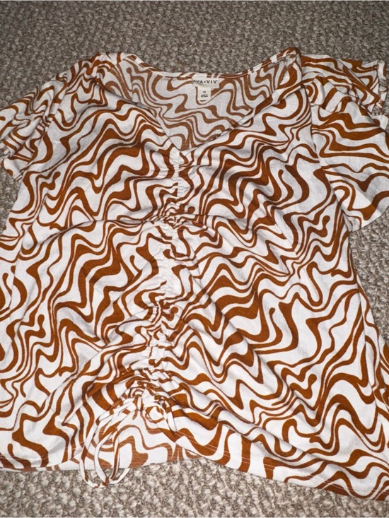 Target Tops - Target White and Brown Swirl Ruched Short Sleeve Blouse